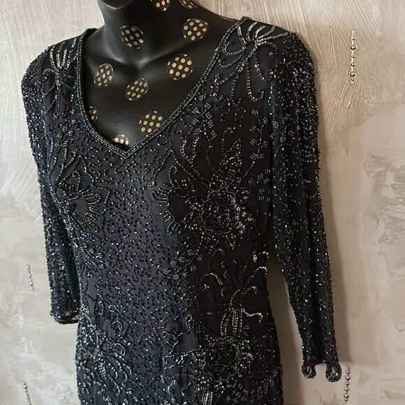 PISARRO Nights Beaded V-Neck Cocktail Dress in Size 4,Slate Charcoal Grey NWT - Picture 16 of 17